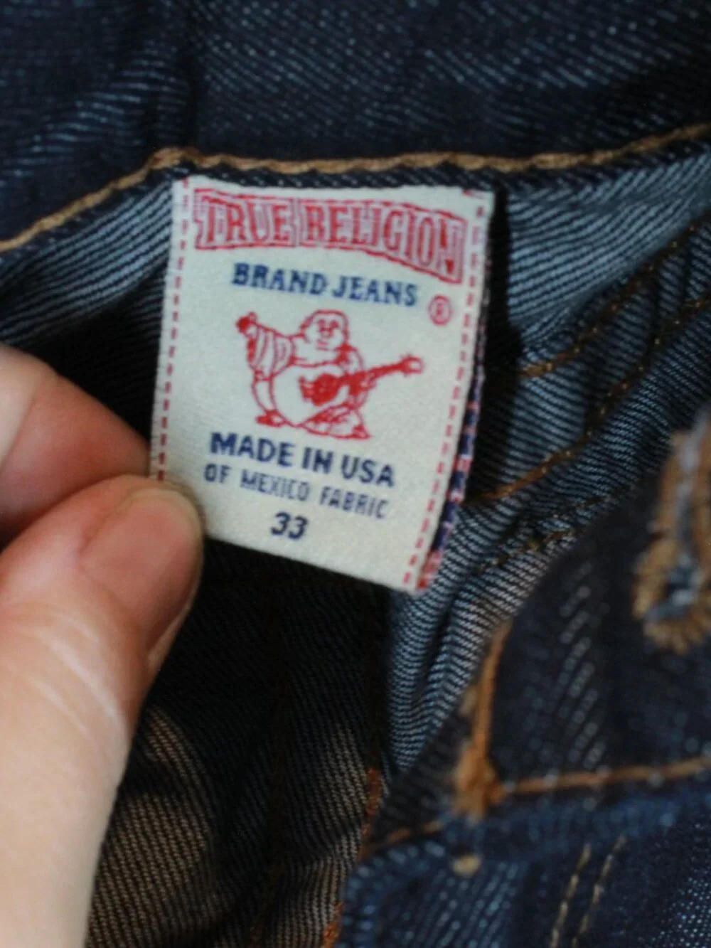 NWT True Religion Straight Leg Flap Jeans Sunset Logo Orange Red Stitch 33